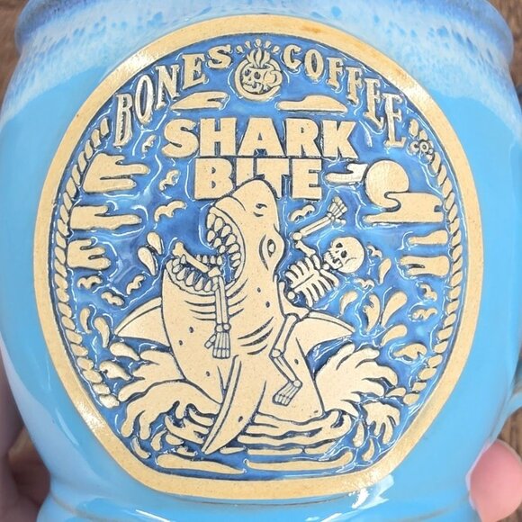Bones Coffee Company Shark Bite Mug Blue Handmade USA Deneen Pottery 2021 Rare - Picture 3 of 11